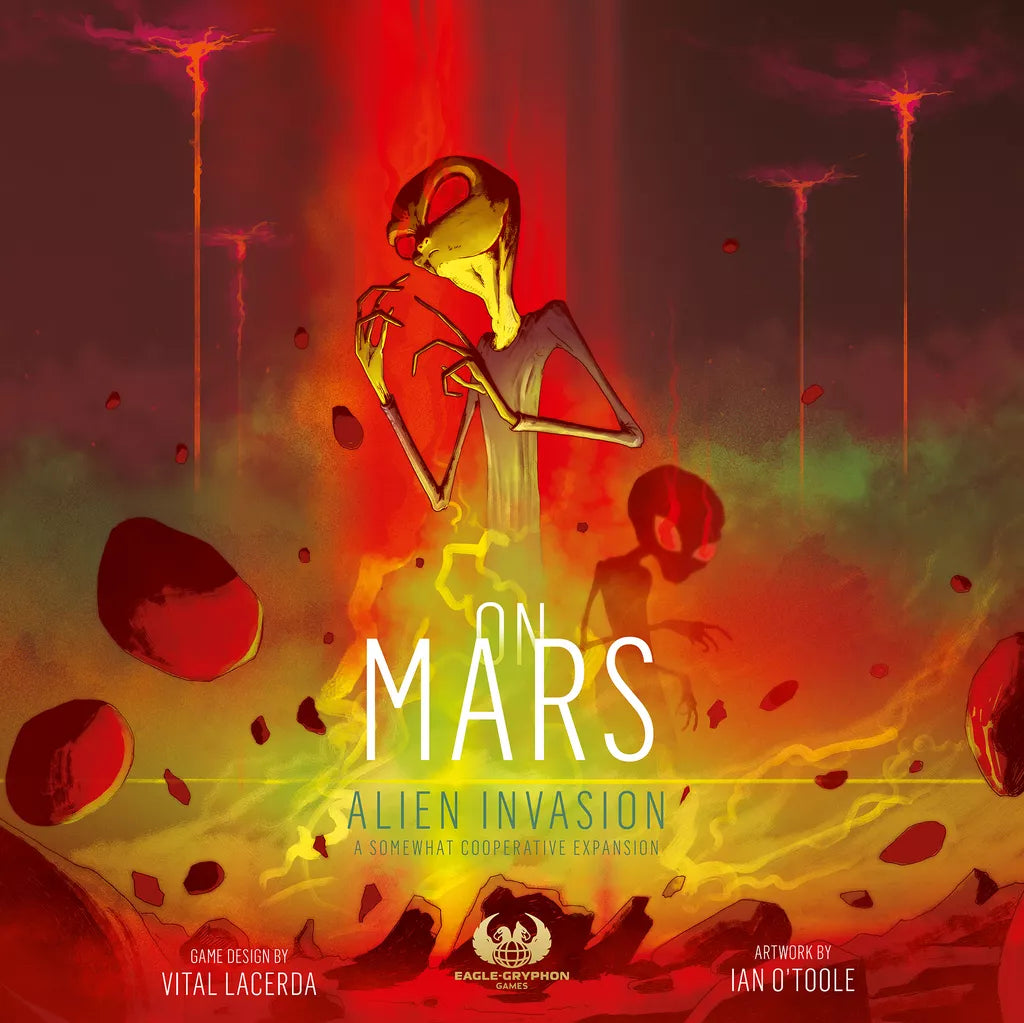 An alien with elongated limbs stands among red rocks and glowing lava on Mars. Text: “On Mars: Alien Invasion Expansion with Wooden Alien Tokens by Eagle-Gryphon Games.”.