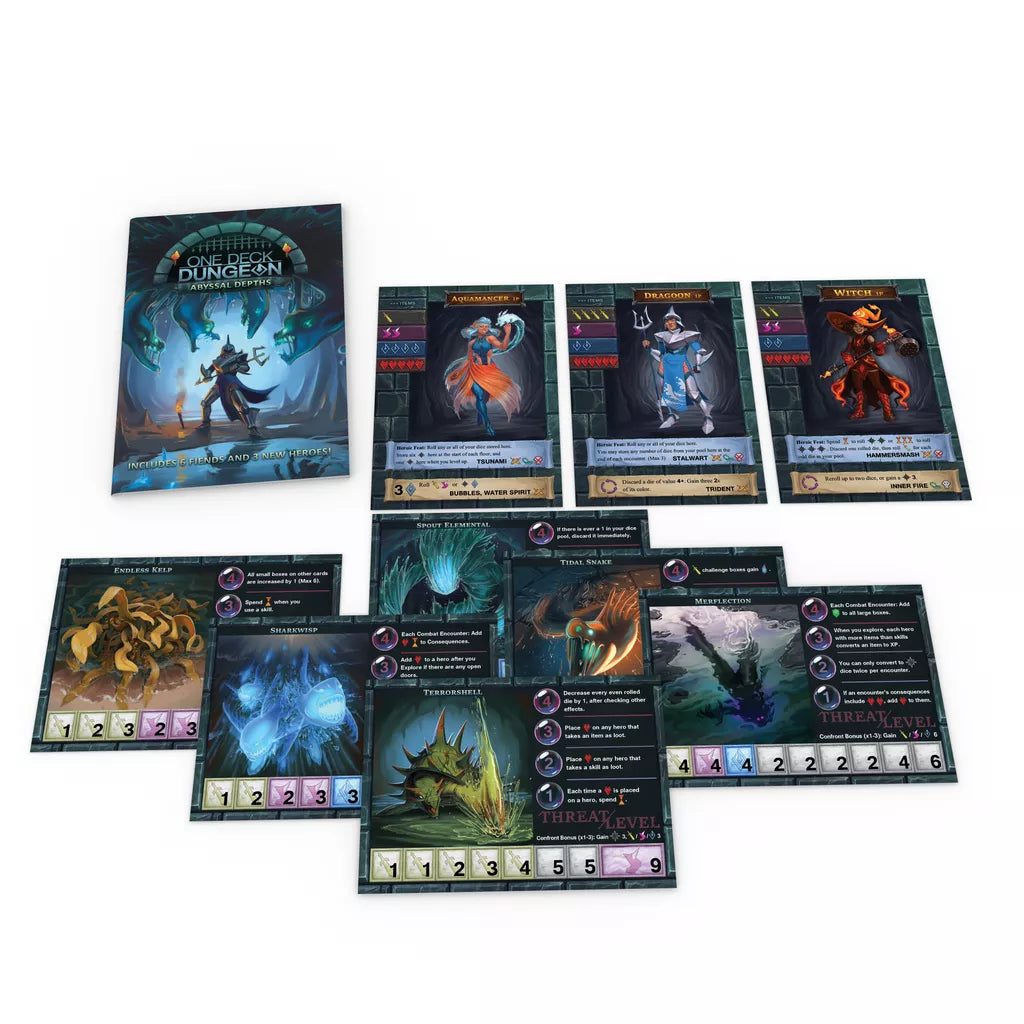 A One Deck Dungeon: Abyssal Depths Expansion set by Asmadi Games is displayed on a white surface, showing the rulebook, four hero cards at the top, and six detailed fiend cards with stats arranged below.