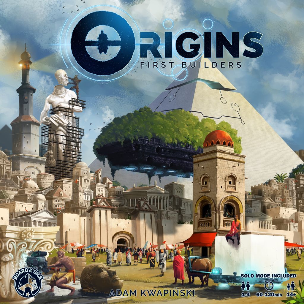 A vibrant cityscape with classical buildings, a giant statue, a pyramid, and a floating island evokes an ancient civilization. People and animals gather beneath the title: Origins: First Builders by Board & Dice.