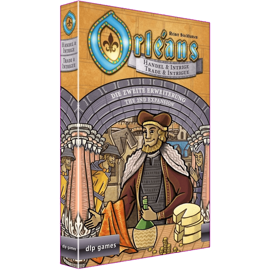 Box cover of Orléans: Trade & Intrigue Expansion EN / DE by DLP Games, showing medieval characters trading cheese and coins in an arched marketplace with ships. A captivating board game expansion.