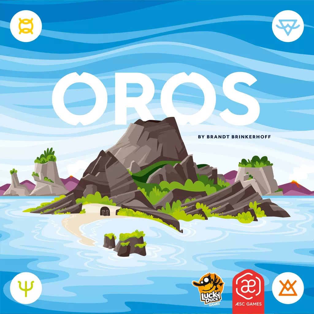 Illustrated board game cover for Oros by Lucky Duck Games, a strategy game featuring a rocky, green island surrounded by water under a blue sky. The cover includes game logos and symbols in the corners and at the bottom.