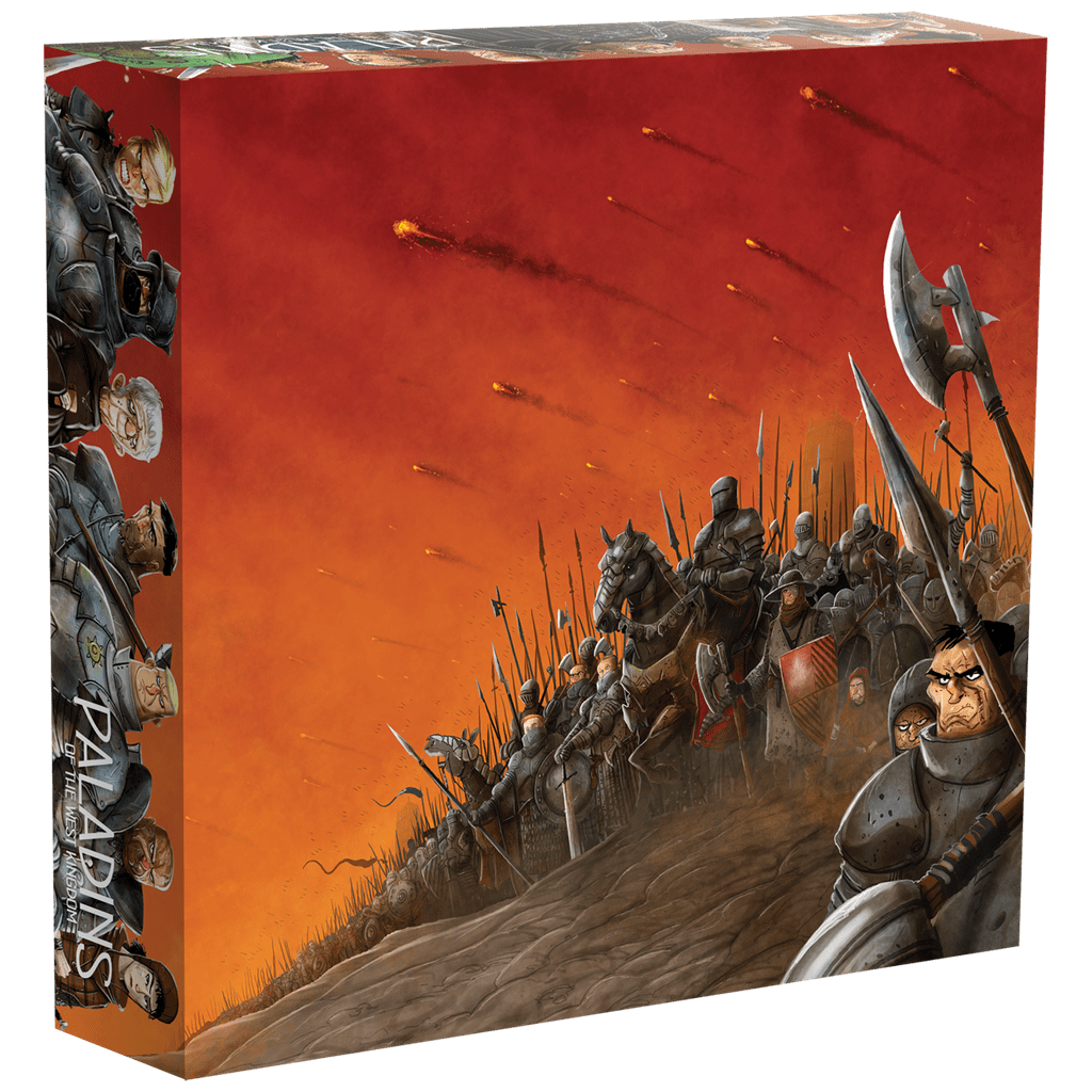 Store your Paladins of the West Kingdom expansions in the Collector's Box by Renegade Game Studios, featuring armored knights beneath a fiery sky with character art on the side—ideal for organizing expansions like Vassals Mini Expansion.