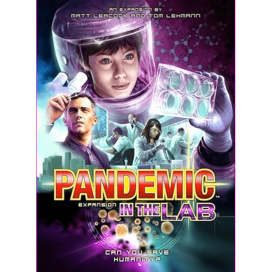 Cover art for Pandemic: In the Lab by Z-Man Games shows a scientist in a hazmat suit with lab equipment, cityscape and medical icons behind them. Bold yellow and red title text appears at the bottom.