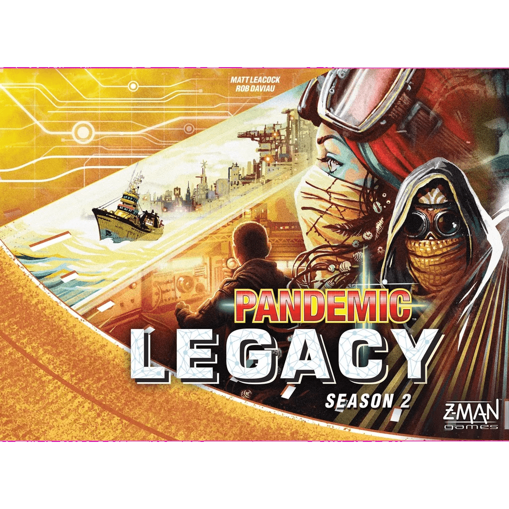 Board game cover for Z-Man Games' Pandemic Legacy: Season 2 (Yellow), showing masked figures in protective gear, a ship nearing a city, and an orange-yellow circuitry background.