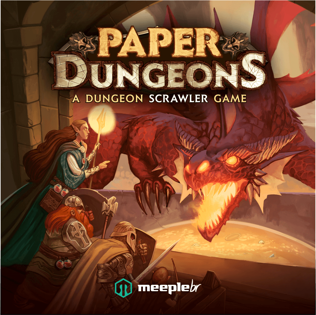 Three adventurers with a sword, axe, and torch face a red dragon in a stone dungeon. Above them is the title "Paper Dungeons: A Dungeon Scrawler Game" by Alley Cat Games, with the meeplebr logo at the bottom.