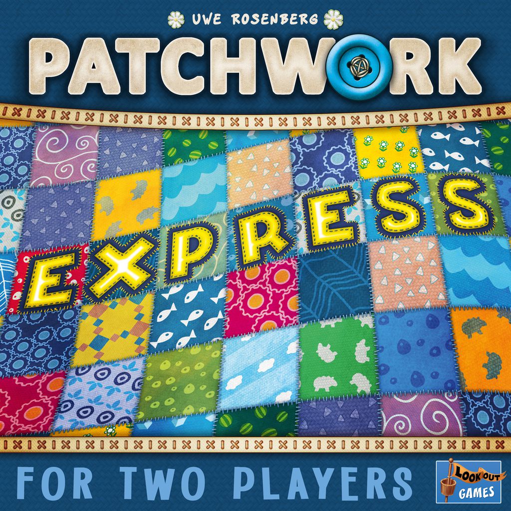 The box cover of Lookout Games’ Patchwork Express shows a colorful patterned quilt, with “EXPRESS” in yellow letters and “For Two Players” at the bottom.