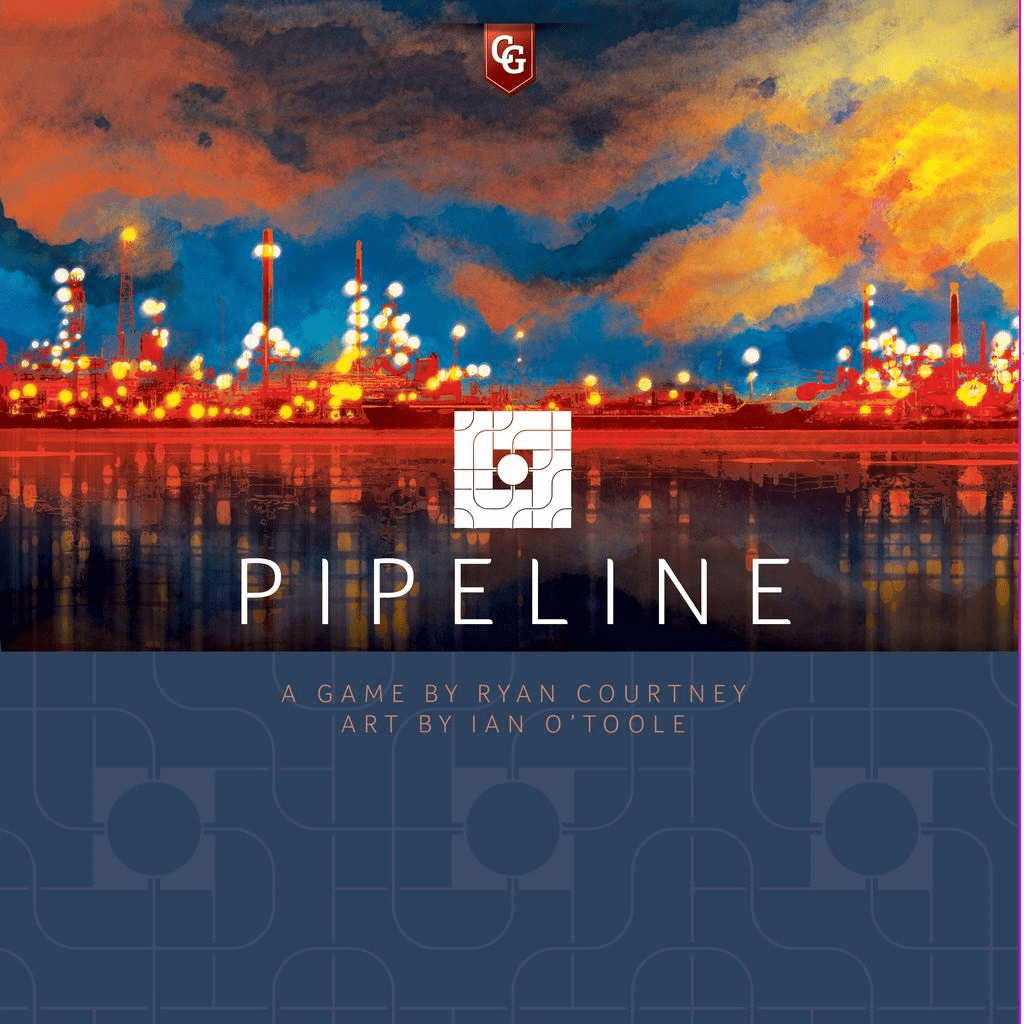 Pipeline board game cover by Capstone Games displays a vibrant, glowing oil refinery at sunset with bold white title text and geometric logo. Ryan Courtney is credited as designer, and Ian O'Toole as artist.