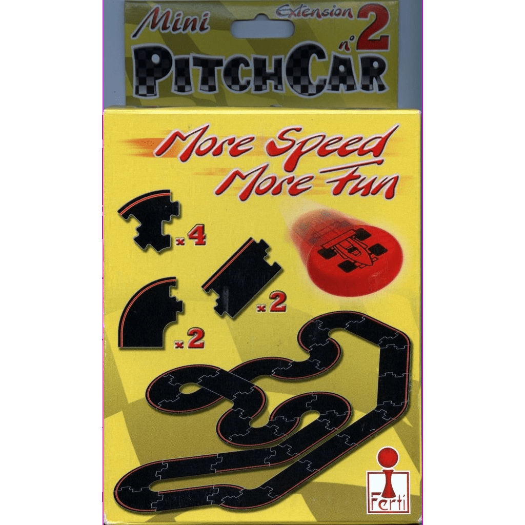 The box cover for Ferti’s PitchCar Mini: Extension 2 – More Speed More Fun shows curved and intersection tracks, a racing car, the tagline “More Speed More Fun,” and a black track layout on a yellow background.