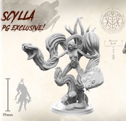 A 39mm fantasy miniature of Lady Scylla from the Planet Apocalypse: Lady Scylla Expansion by Petersen Games features multiple serpent heads and tentacle arms, standing on a round base. “SCYLLA PG EXCLUSIVE!” is displayed at the top left.