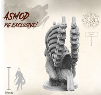 The Planet Apocalypse: Lord Asmod Expansion by Petersen Games features a detailed 39mm miniature of Demon Lord Asmod with four stacked heads, candle accents, a long tongue, and ornate details.