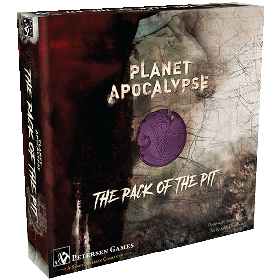 Planet Apocalypse: The Pack of the Pit Expansion by Petersen Games features a dark box with a purple emblem, a stylized map background, and chilling demon figures, adding new horrors to your Planet Apocalypse game.