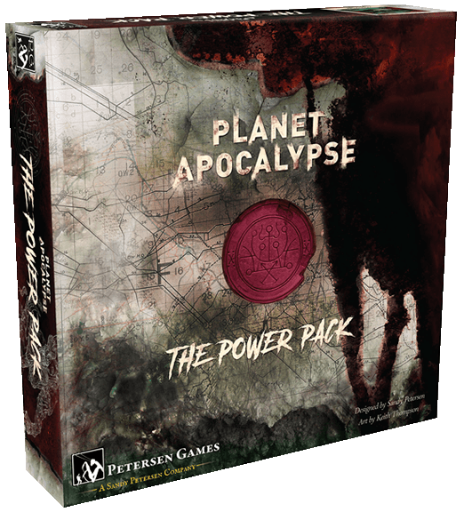 Planet Apocalypse: The Power Pack Expansion by Petersen Games—an expansion with a dark, abstract box design, bold white text, and a red circular symbol—ideal for fans wanting more Planet Apocalypse content.