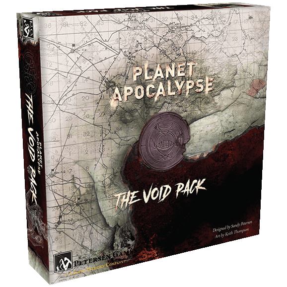A box for Planet Apocalypse: The Void Pack Expansion by Petersen Games features a map-style background with a dark, swirling void at the center and bold white text; publisher and artist credits are at the bottom left.
