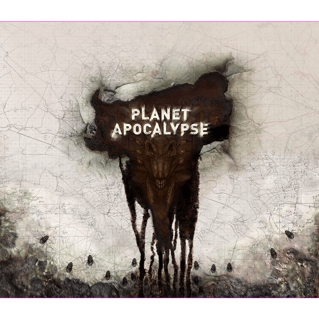 Beneath bold white PLANET APOCALYPSE text, a demonic horned face with sharp teeth emerges on a faded map as black goo drips and beetles scatter—a chilling scene for Petersen Games’ cooperative board game, Planet Apocalypse.