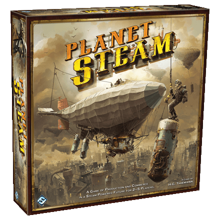 Planet Steam by Fantasy Flight Games comes in a box showcasing a steampunk airship hoisting cargo over an industrial scene, with the game title in bold metallic letters—ideal for fans of resource extraction and steam-powered empires.