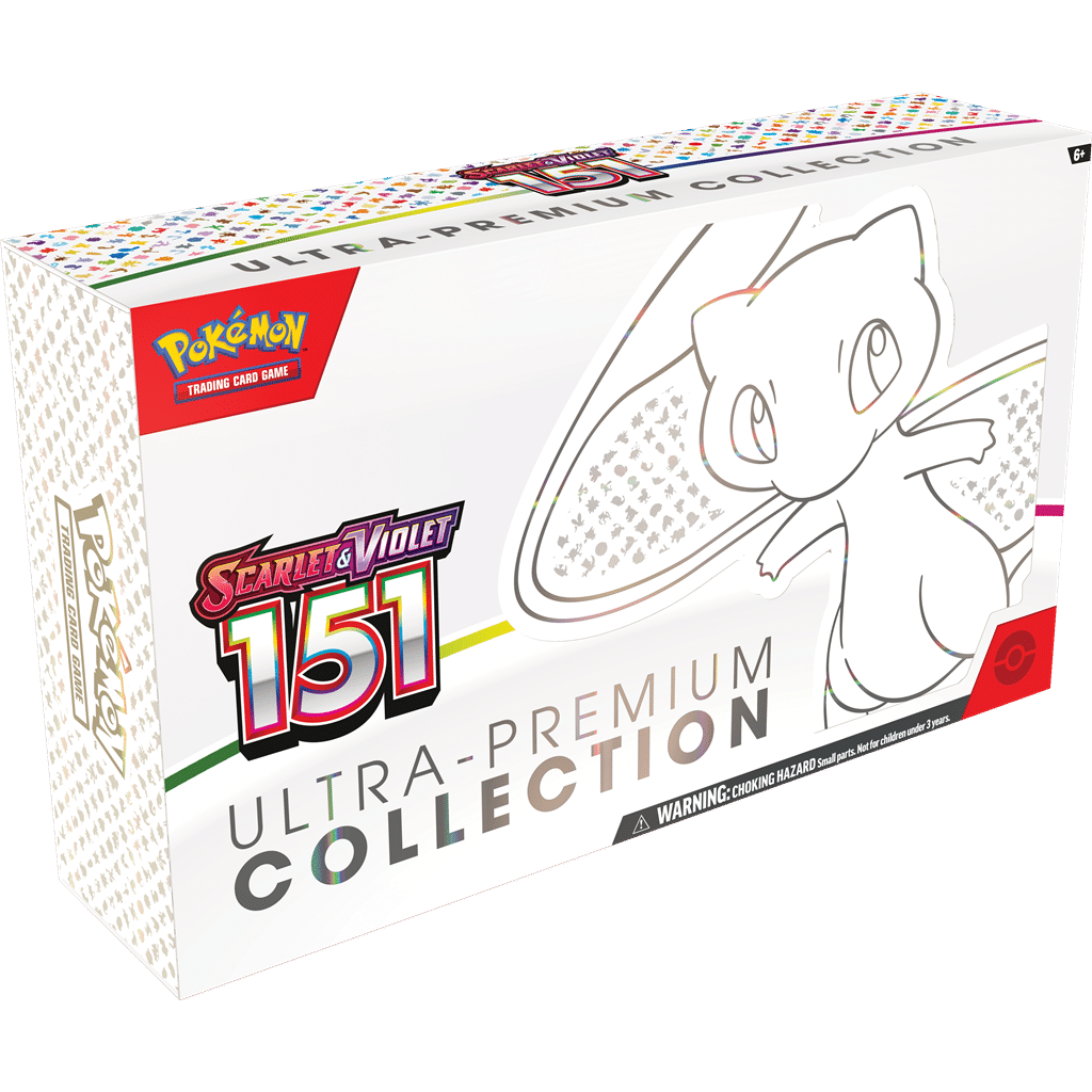 The Pokemon TCG: Scarlet & Violet 151 Ultra Premium Collection from Pokemon USA features an outlined Mew on the front and a vibrant Scarlet & Violet 151 logo in the top left corner.