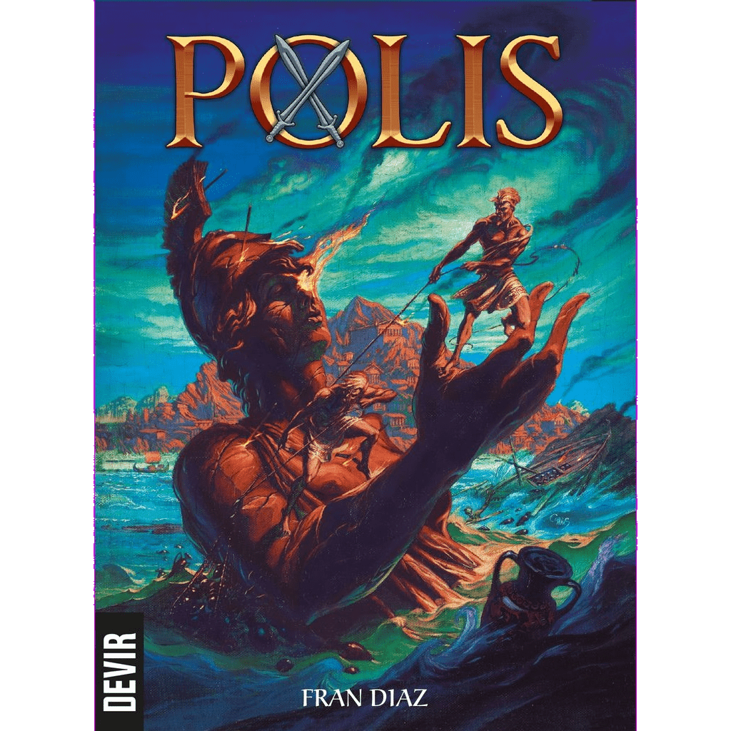 Cover art for Polis EN/ES by Devir, an Ancient Greece strategy game by Fran Diaz. A giant broken Greek warrior statue rises from the sea with city and mountains in the background. The title POLIS features crossed spears in the O at the top.