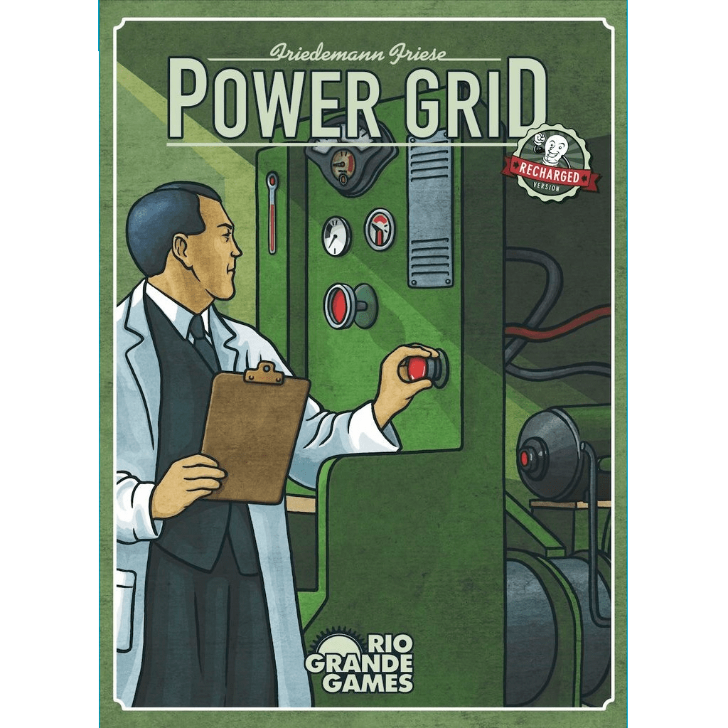 A man in a lab coat with a clipboard adjusts controls on a large green machine. Text reads "Power Grid Recharged" by Rio Grande Games, highlighting this classic economic board game in a vintage illustrated style.