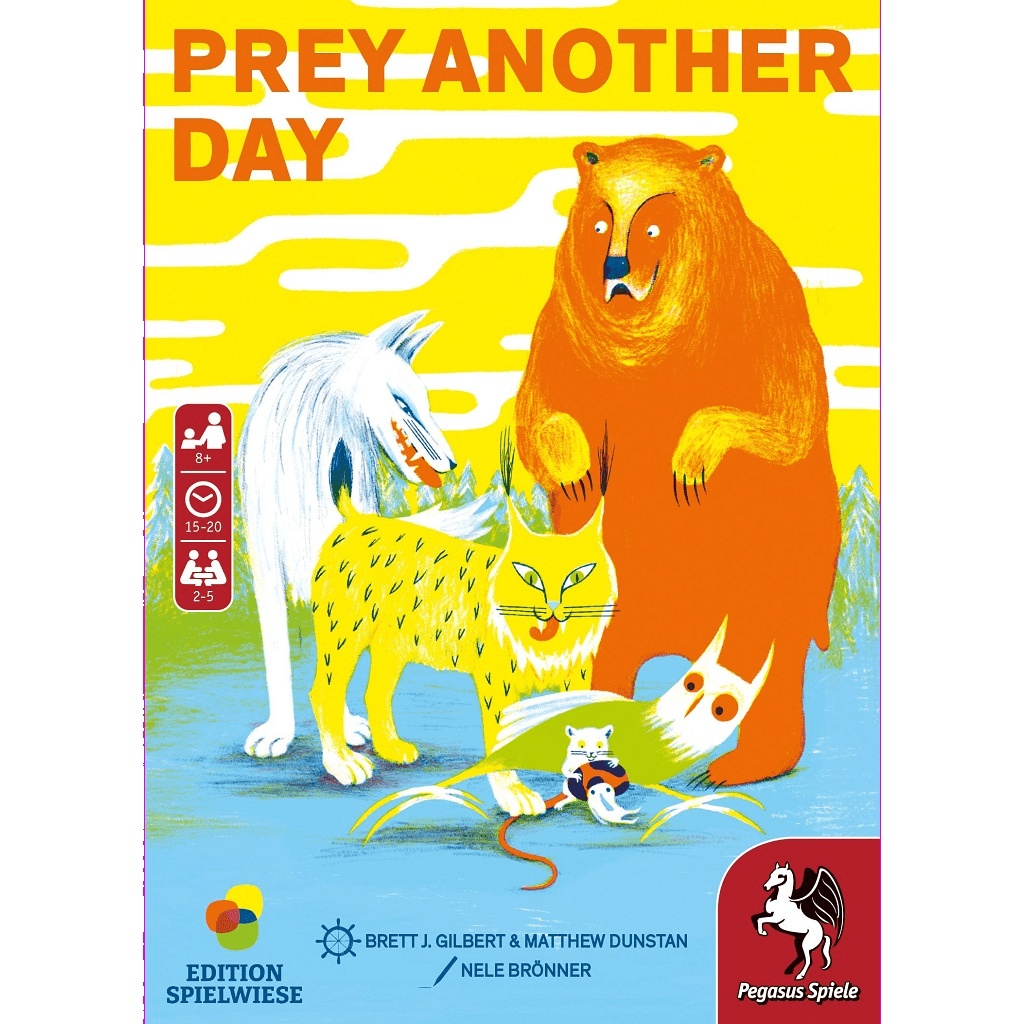 The Prey Another Day game box by Pegasus Spiele features a bear, white wolf, yellow cat, mouse, and bird against a bright yellow sky, with the bold title at the top—perfect for fans of thrilling forest animal games.