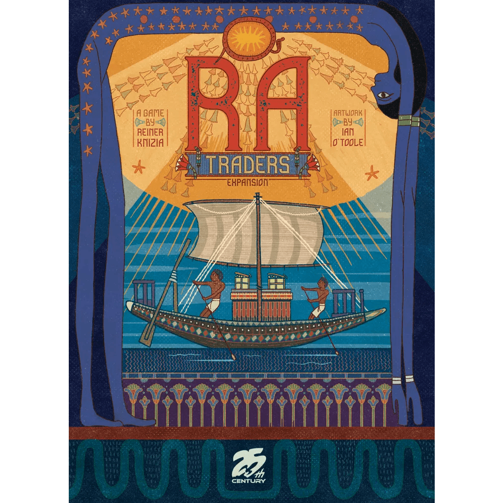 The Ra: Traders Expansion cover from 25th Century Games features Egyptian-inspired art: a radiant sun, bold stylized RA lettering, a Nile River boat with figures, and blue arms framing the vibrant scene.