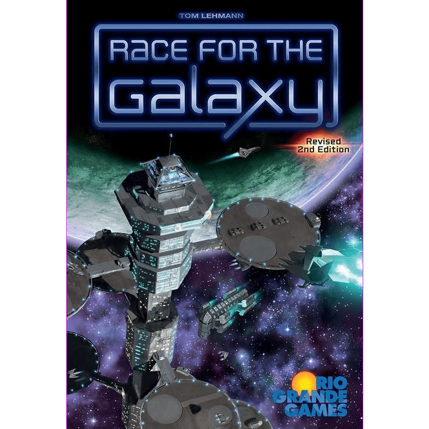 The Race for the Galaxy card game cover by Rio Grande Games shows a futuristic space station orbiting a planet, with the bold title and brand logo, suggesting intense competition among galactic civilizations.
