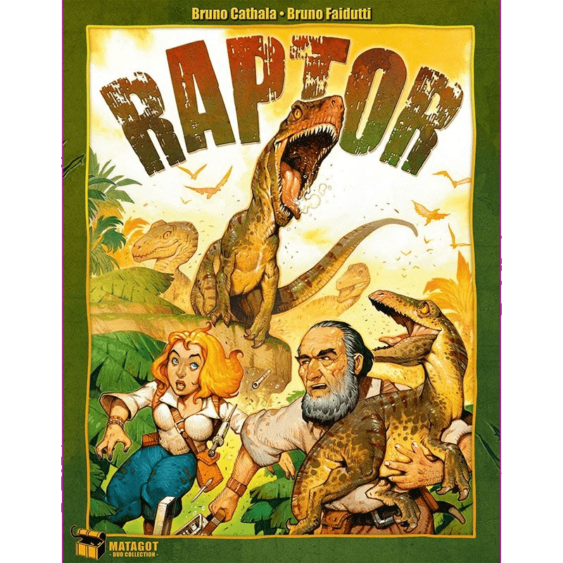 The board game cover for Raptor by Matagot shows dynamic dinosaurs, including a fierce raptor, alongside a woman and an older man. The title RAPTOR is boldly displayed at the top of this tactical card game.