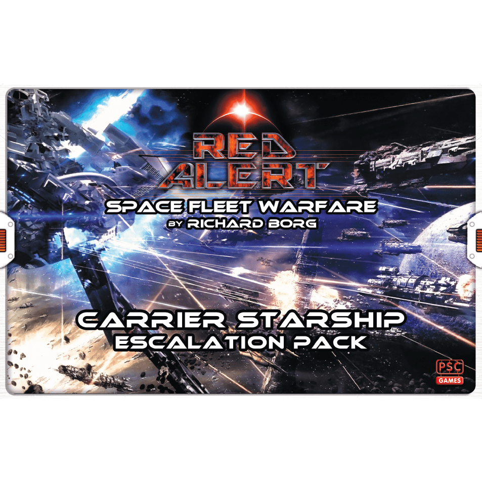 Box cover for PSC Games' Red Alert: Space Fleet Warfare – Carrier Starship Escalation Pack, showcasing dramatic starship models and laser battles set against a dark cosmic backdrop.