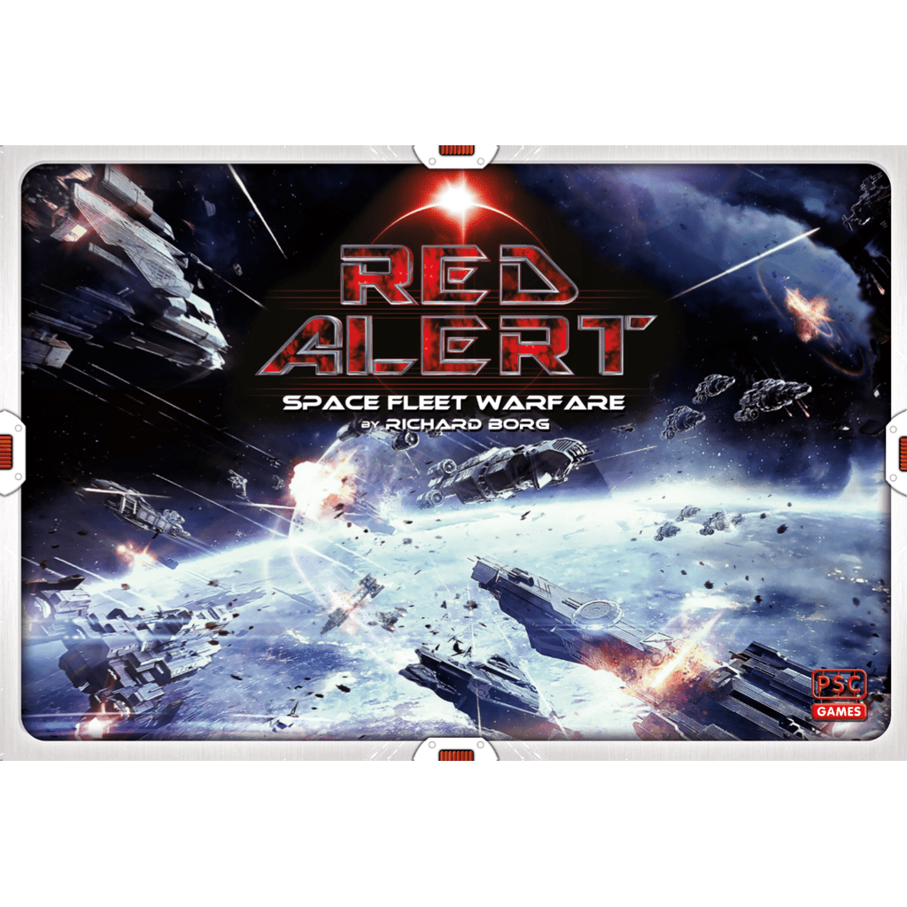 Box cover for PSC Games’ Red Alert: Space Fleet Warfare shows a thrilling outer space battle with starships, lasers, explosions, and asteroids, with the game’s title prominently displayed.