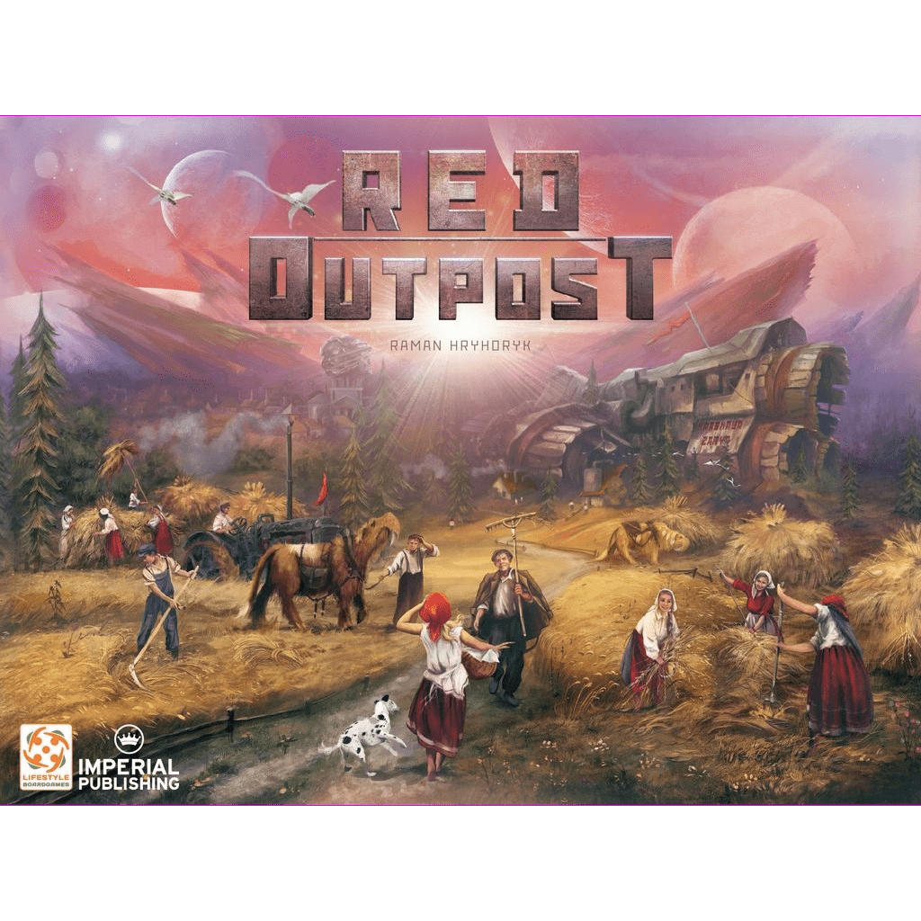 A rural group harvests wheat with animals and tools, while futuristic vehicles from a Soviet space mission appear under a red sky. "Red Outpost" by Lifestyle Boardgames is displayed above, hinting at resource management gameplay.