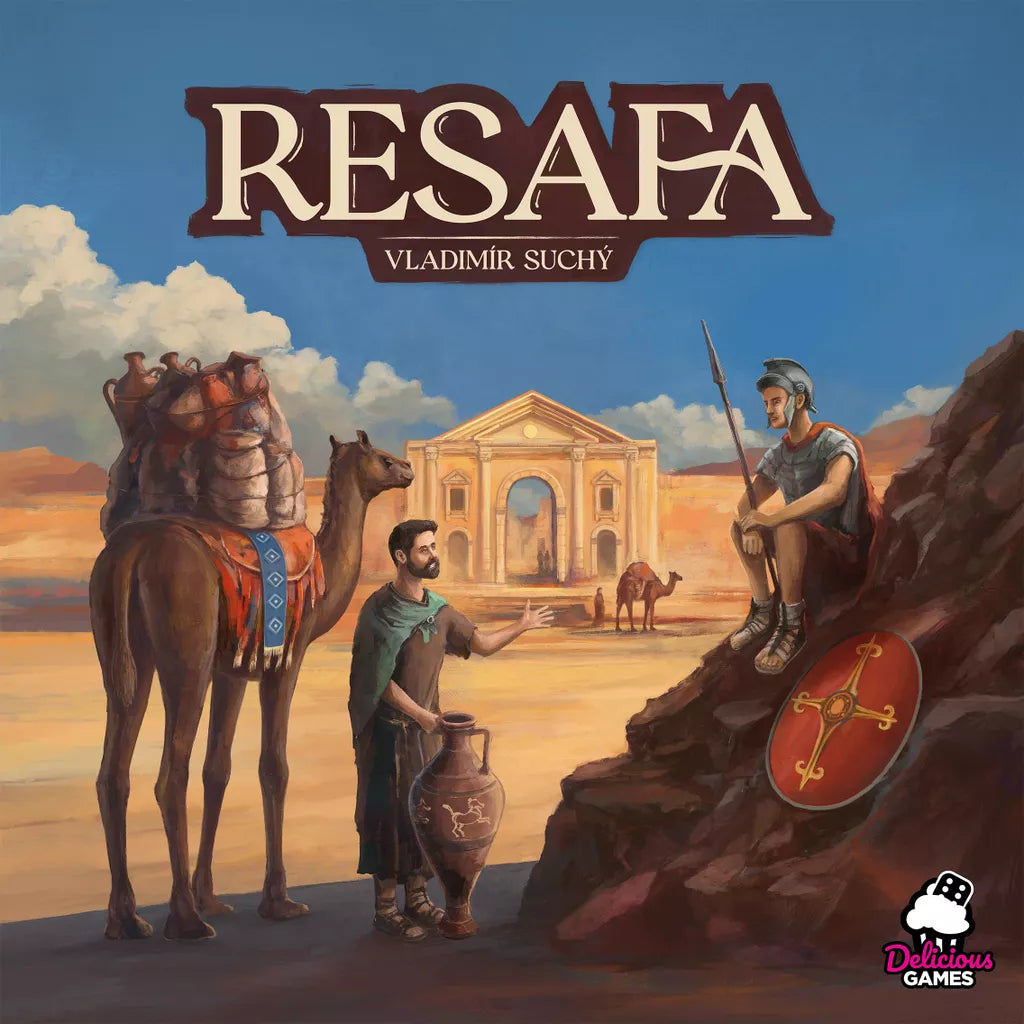 The Resafa board game by Delicious Games features a cover with two men in ancient clothing—one beside a camel with goods, the other seated on rocks with a shield—set before an ancient archway, hinting at strategic resource management gameplay.