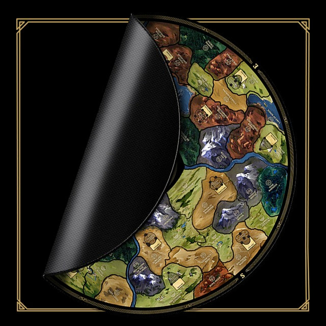 The Return to Dark Tower: Neoprene Game Mat by Restoration Games showcases a circular, colorful land map with mountains, rivers, and icons on a black backdrop and ornate border—ideal for expanding your play area during the game.