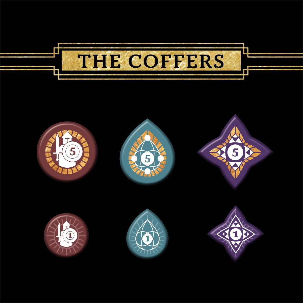 A black background features "Return to Dark Tower: The Coffers" by Restoration Games in a gold-bordered label. Below are six ornate heat-transfer plastic tokens (1 or 5) in various shapes and colors—ideal as resource token replacements.