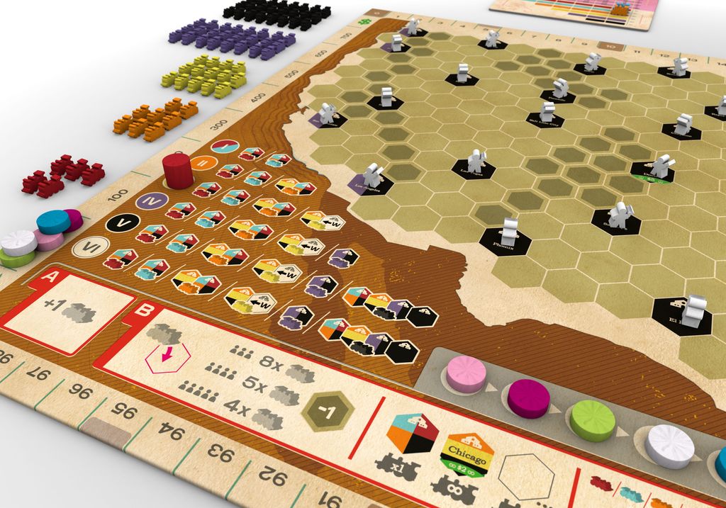 The Ride the Rails board game by Capstone Games features a colorful setup with hexagonal tiles, player pieces, tokens, and wooden markers arranged on a map with city markers. All components from Capstone Games are neatly placed around the board.
