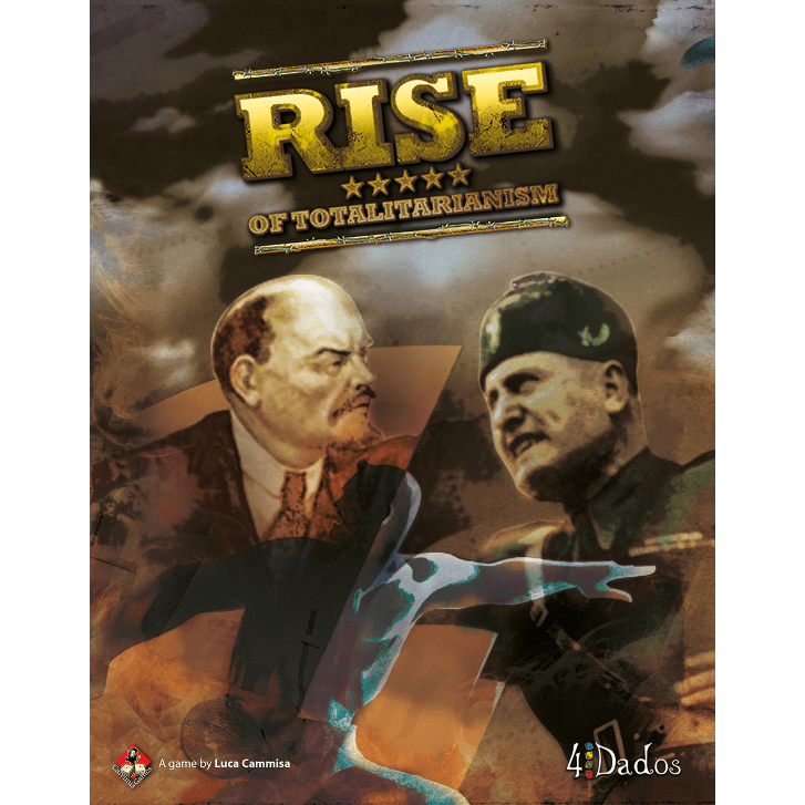 The Rise of Totalitarianism board game by 4Dados features a cover with sepia images of two stern men in military uniforms—one capped, one bald—set before a smoky backdrop evoking hyperinflation-era turmoil.