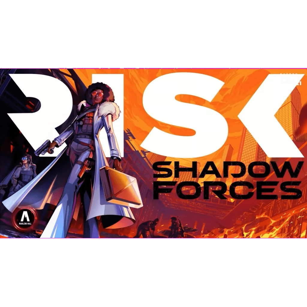 The dramatic cover of Avalon Hill’s Risk: Shadow Forces shows a confident character in a futuristic outfit with a briefcase against an intense orange-red backdrop, bold white and black text highlights this evolving strategy game.
