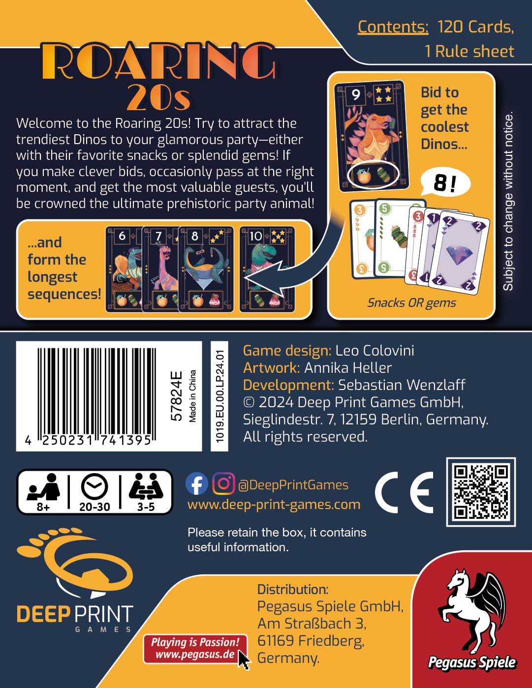 The back cover of Roaring 20s by Pegasus Spiele features vibrant dinosaur cards, game details, barcode, publisher info, and text highlighting its dino-themed bidding mechanics, components, and Pegasus Spiele’s social media/contact details.