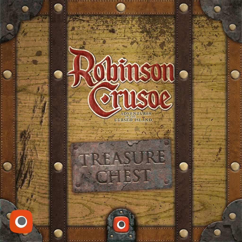 The Robinson Crusoe: Adventures on the Cursed Island: Treasure Chest by Portal Games is a treasure chest-themed box, ideal for storing board game expansions or promos. Features leather straps, metal studs, unique branding, and a labeled metal plate.