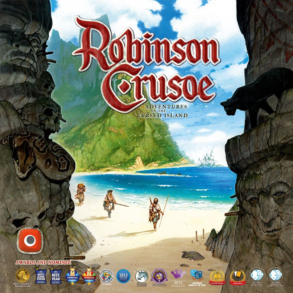 Three explorers with gear approach a tropical beach framed by two stone statues, green cliffs behind. The text reads: Robinson Crusoe: Adventures on the Cursed Island by Portal Games. Award icons appear below.