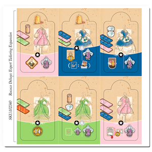 The Rococo Deluxe: Expert Tailors Expansion by Eagle-Gryphon Games features a game board sheet with six sections of illustrated pink, blue, or green dresses plus icons, numbers, and tokens to enhance your board game experience.