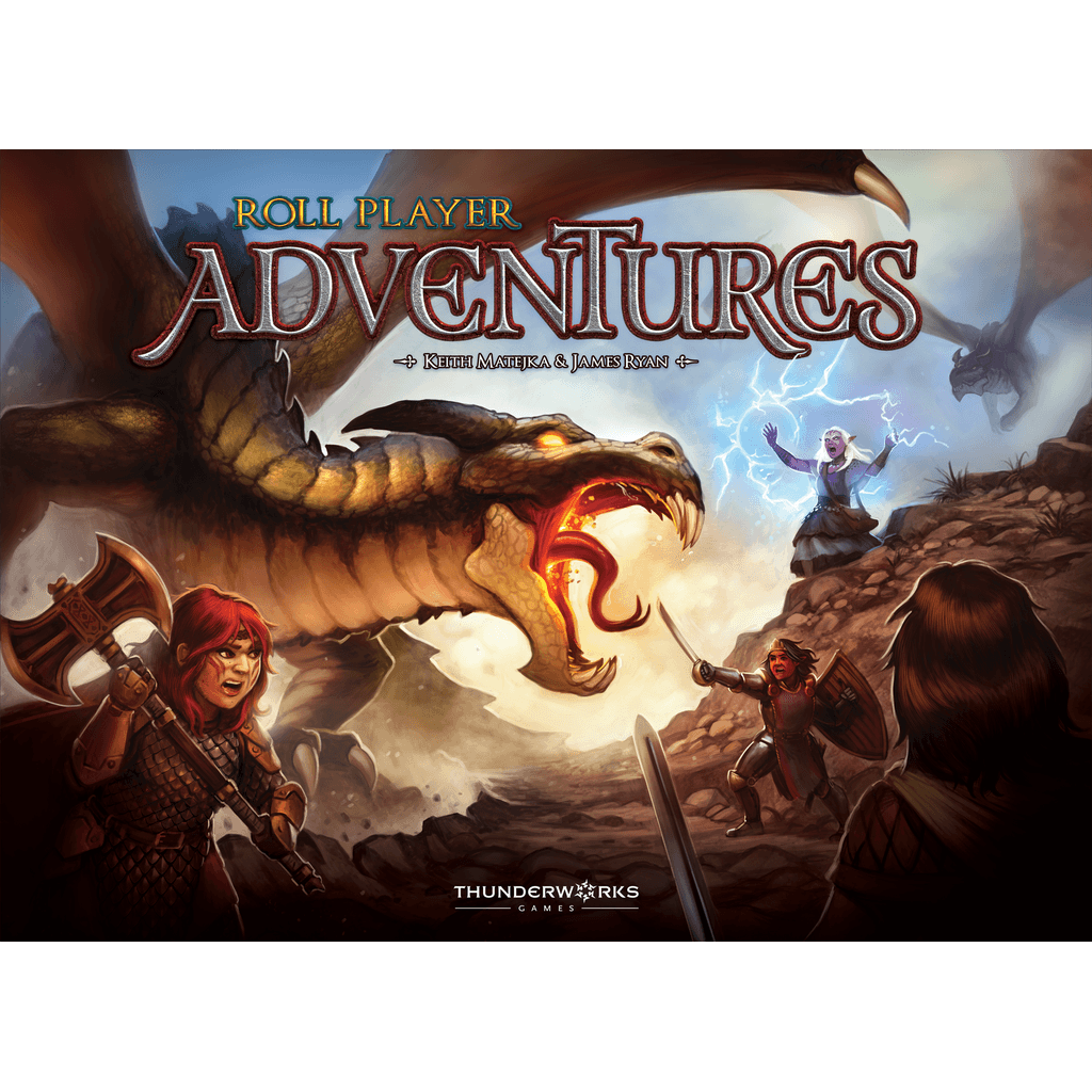 The cover of Thunderworks’ “Roll Player Adventures” depicts a fierce dragon over 1-4 armed adventurers—warrior, mage, and archer—poised for battle in this cooperative storybook board game.
