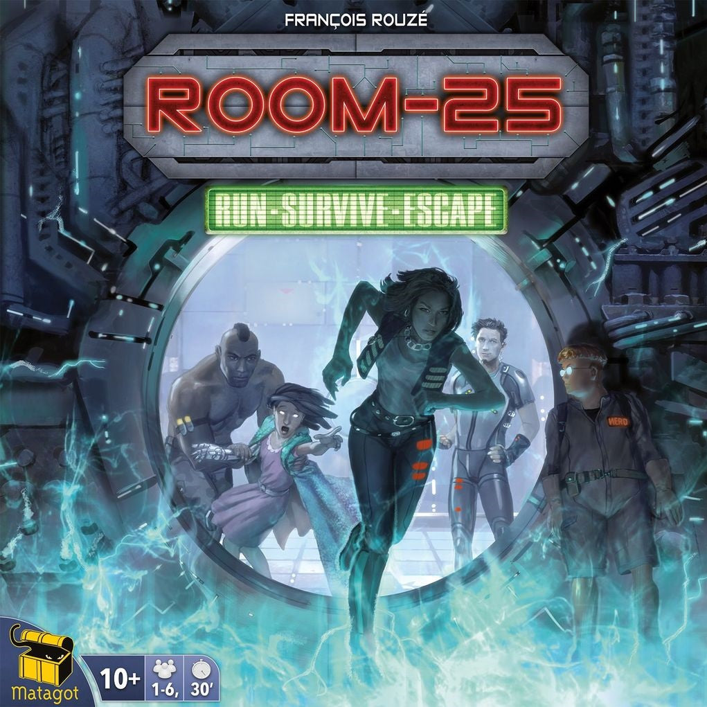 Five characters run through a futuristic doorway surrounded by smoke and blue light in Matagot’s cooperative board game Room 25 EN/FR. The title appears above, with board game icons in the corner.