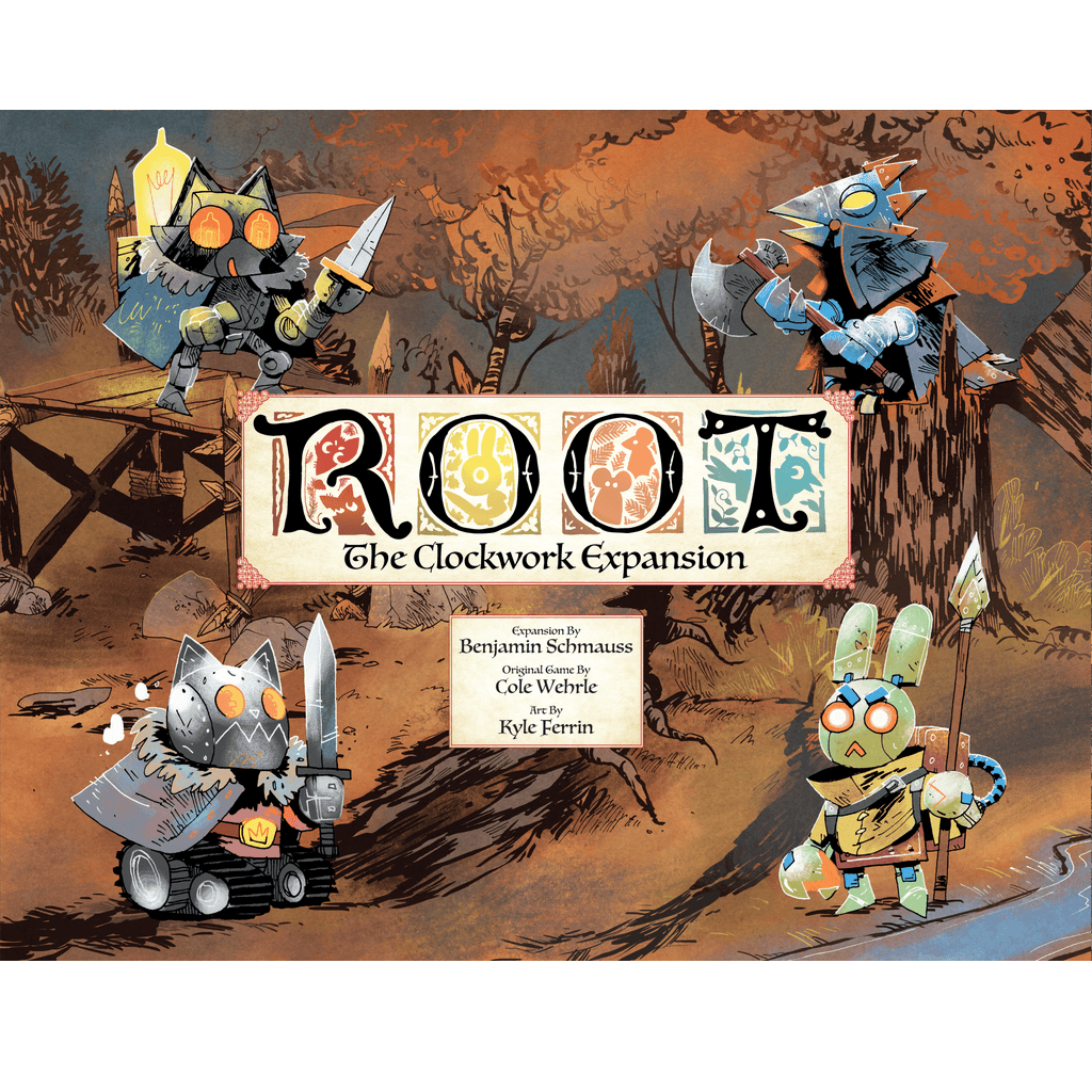 Box cover art for Root: The Clockwork Expansion by Leder Games features illustrated robot cat, bird, raccoon, and rabbit in an autumn forest. Highlights the game's automated factions with title and creators’ names centered.