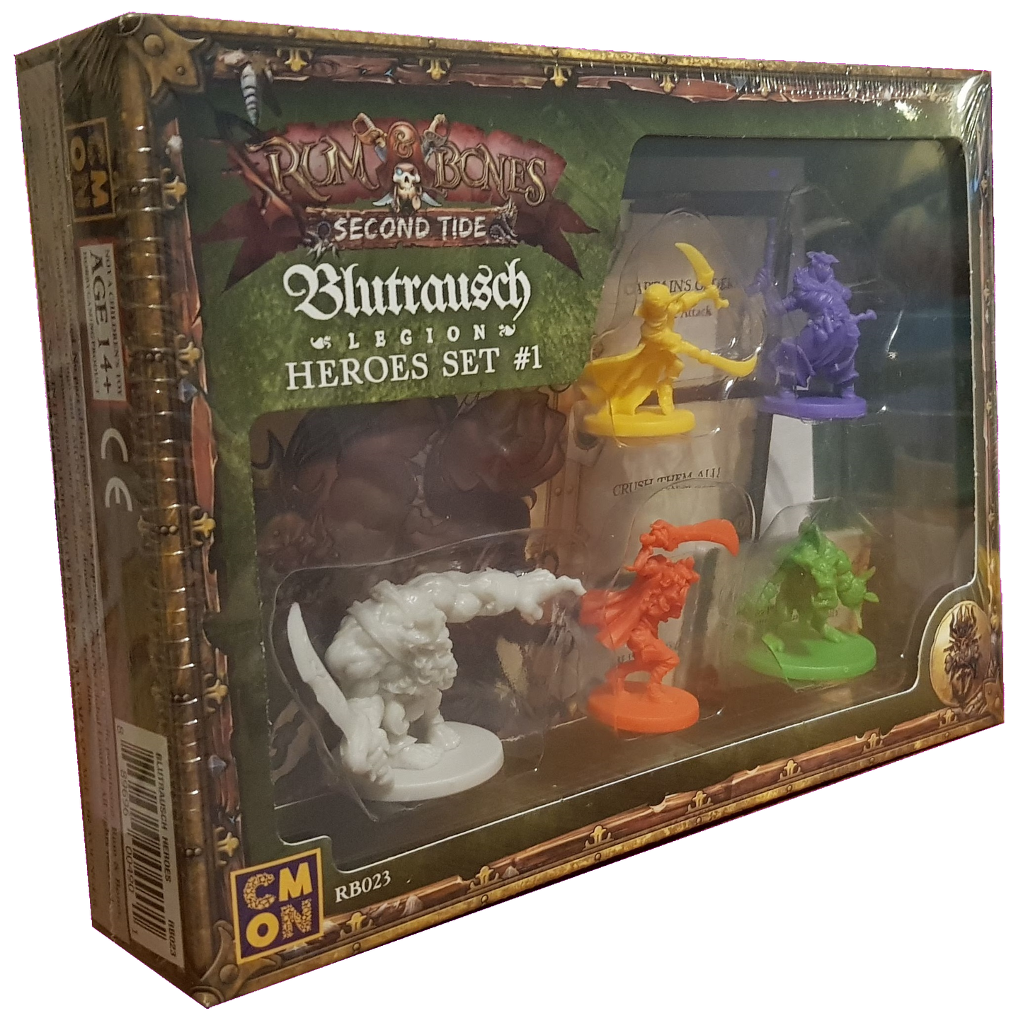The Rum and Bones Second Tide Blutrausch Heroes Set 1 by Cool Mini Or Not features five colorful Blutrausch hero miniatures (white, orange, green, yellow, purple) displayed in a clear window box.