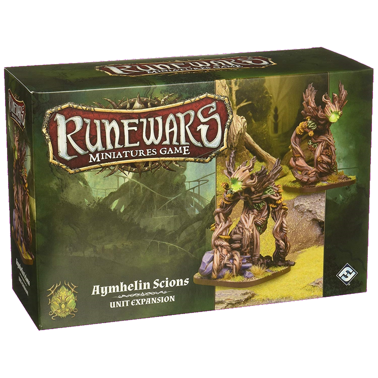 The RuneWars Aymhelin Scions Unit Expansion by Fantasy Flight Games features detailed Latari Elves tree-creature miniatures showcased on the front, set against a lush forested backdrop.