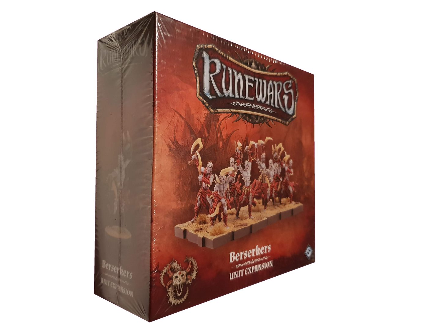 A sealed box of Fantasy Flight Games' RuneWars Berserkers Unit Expansion is shown at an angle, featuring artwork of armored warriors with axes on a red background, highlighting both the front and side.