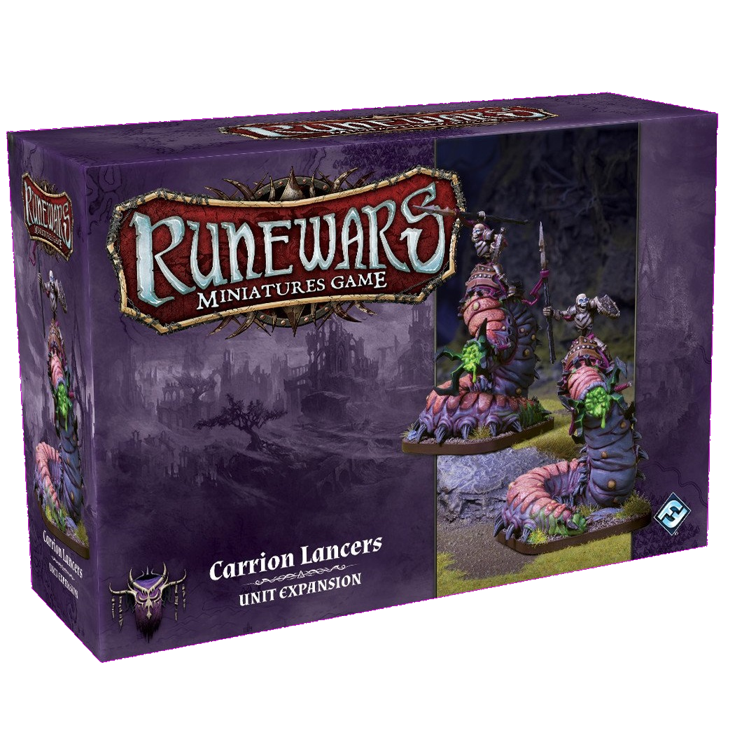 The RuneWars Carrion Lancers Unit Expansion by Fantasy Flight Games features painted Carrion Worms with armored riders—ideal for boosting your undead army in dark fantasy battles.