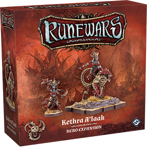 A box for the RuneWars Kethra A'laak Hero Expansion by Fantasy Flight Games, displaying Uthuk Y’llan miniatures on a dark red background with the Blood Coven emblem and the game logo at the top.