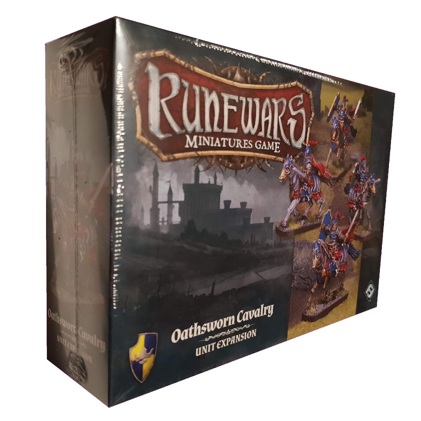 The RuneWars Oathsworn Cavalry Unit Expansion by Fantasy Flight Games includes painted Daqan Lords cavalry miniatures in a plastic-wrapped box featuring a castle silhouette on the cover.