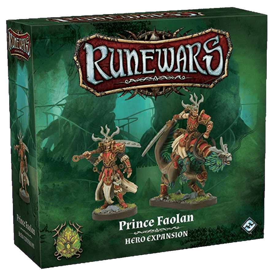 The RuneWars Prince Faolan Hero Expansion by Fantasy Flight Games features fantasy art of Prince Faolan in red and gold armor, standing and riding a beast in a lush forest—an ideal addition to your Latari army.