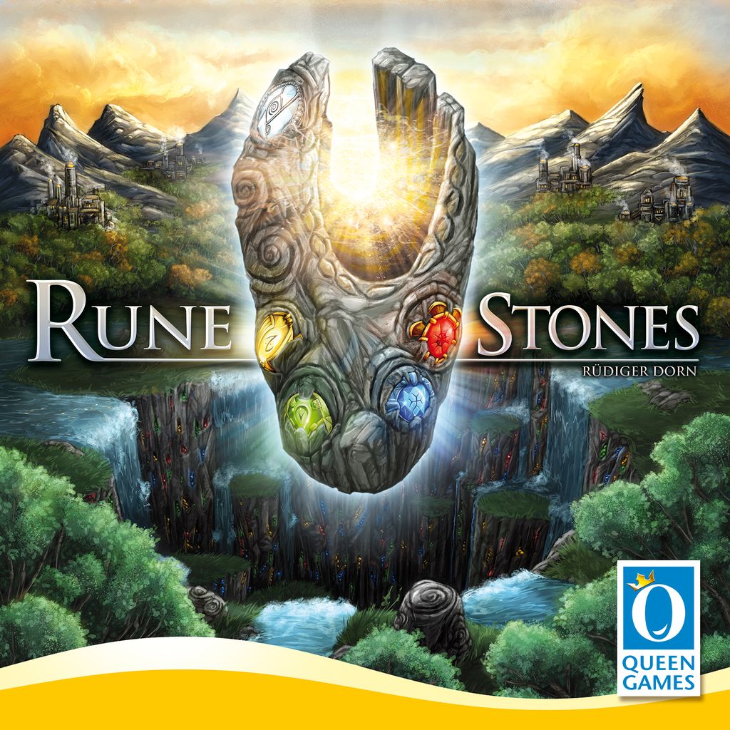 A glowing stone monolith inscribed with colorful runes floats above a vibrant landscape, reflecting the magical strategy of Rune Stones, a deck-building game by Queen Games. The product title and Queen Games logo are shown.